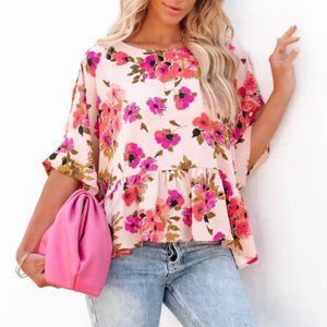 Vibrant Floral Women's Blouse - Pink and Cream